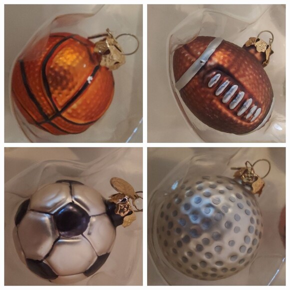 Glass Mini Ornaments Sports Ball Christmas 12 Pc Set Vintage 2" Football Soccer - Picture 1 of 13